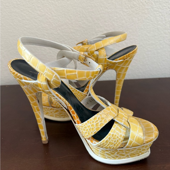 AUTHENTIC YSL Tribute Platform Sandals 37 Yellow Croc Embossed $1,200 Retail 🔥 - Picture 2 of 15